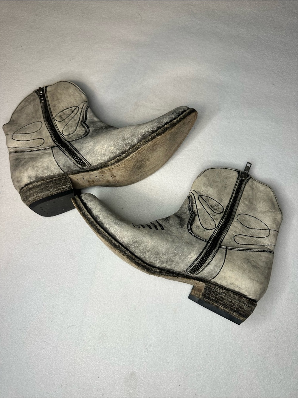 SHOTO Italian Leather Western Cowboy Ankle Boots Distressed Grey